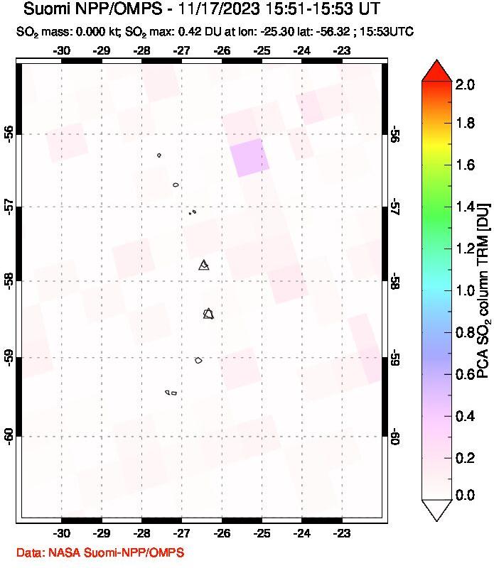 A sulfur dioxide image over South Sandwich Islands, South Atlantic on Nov 17, 2023.