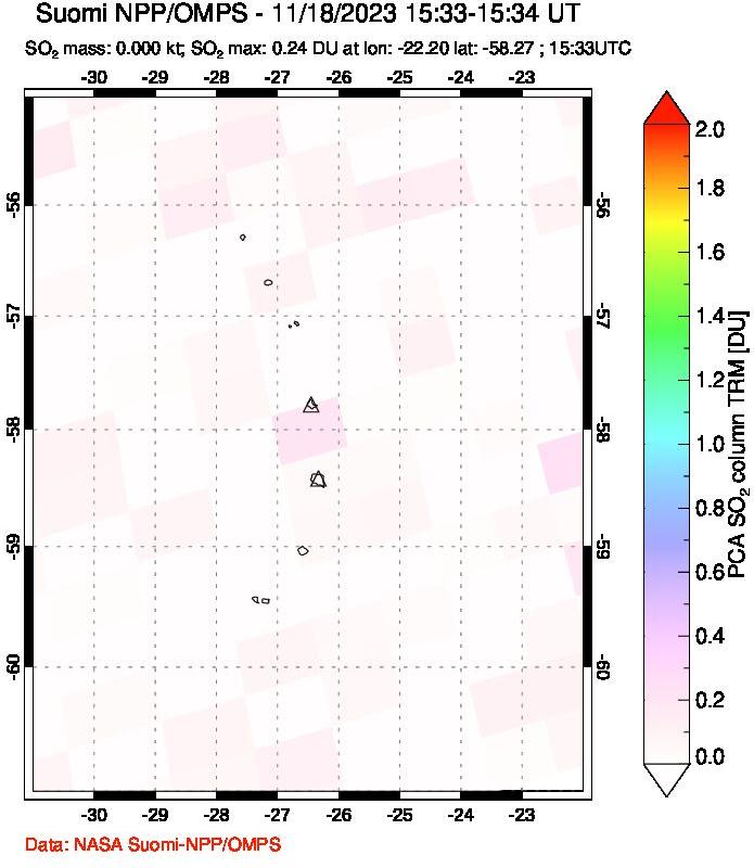 A sulfur dioxide image over South Sandwich Islands, South Atlantic on Nov 18, 2023.