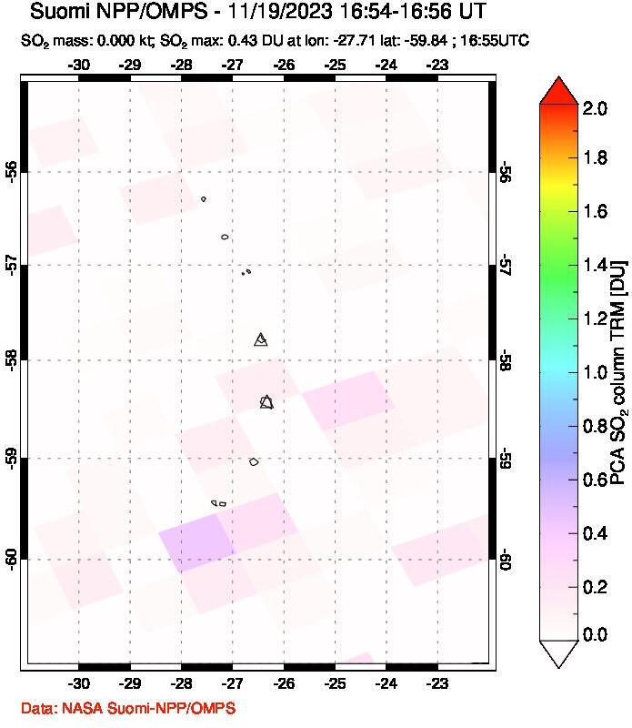 A sulfur dioxide image over South Sandwich Islands, South Atlantic on Nov 19, 2023.