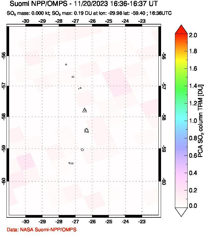 A sulfur dioxide image over South Sandwich Islands, South Atlantic on Nov 20, 2023.