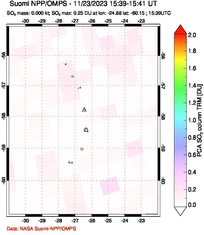 A sulfur dioxide image over South Sandwich Islands, South Atlantic on Nov 23, 2023.