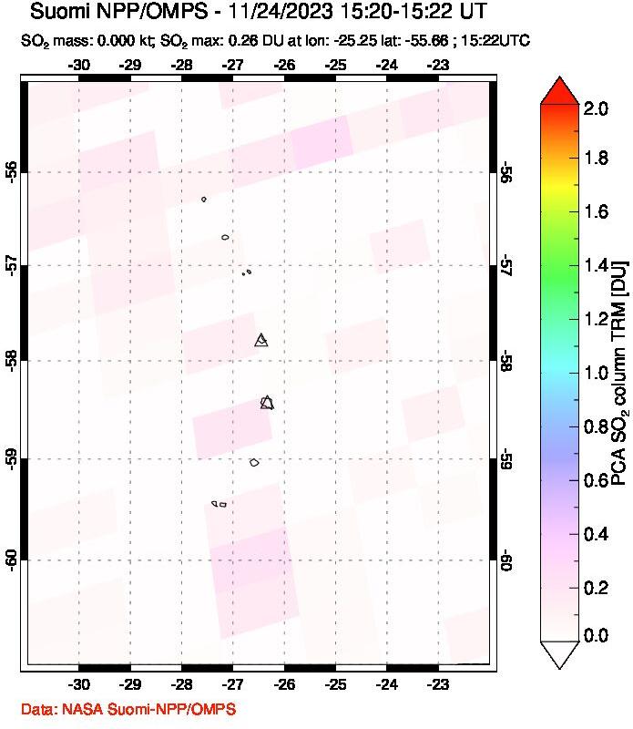 A sulfur dioxide image over South Sandwich Islands, South Atlantic on Nov 24, 2023.