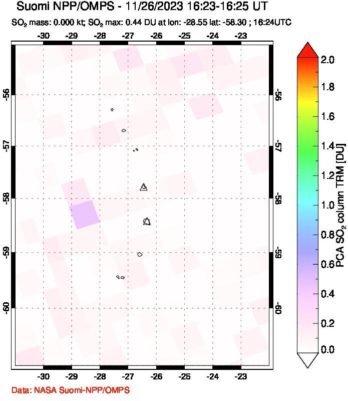 A sulfur dioxide image over South Sandwich Islands, South Atlantic on Nov 26, 2023.