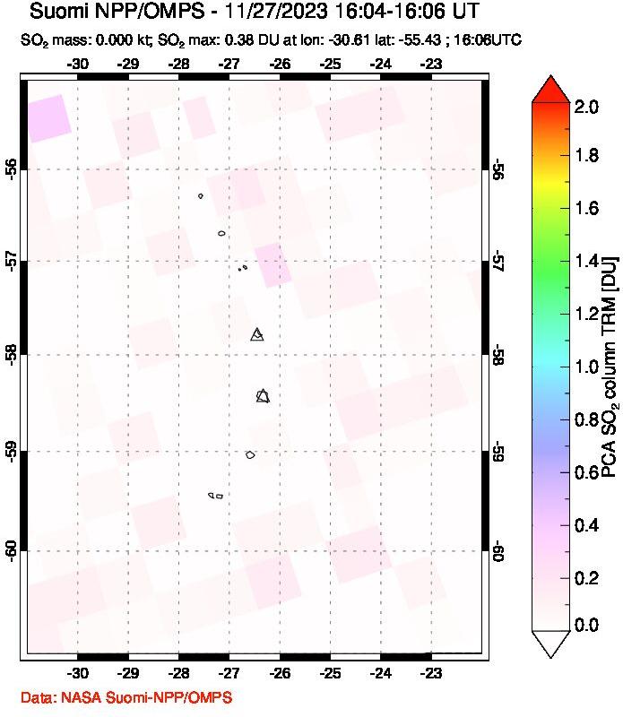 A sulfur dioxide image over South Sandwich Islands, South Atlantic on Nov 27, 2023.