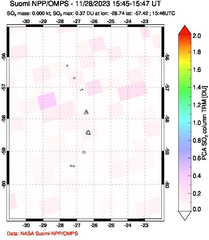 A sulfur dioxide image over South Sandwich Islands, South Atlantic on Nov 28, 2023.