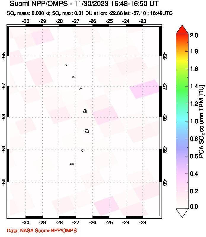 A sulfur dioxide image over South Sandwich Islands, South Atlantic on Nov 30, 2023.