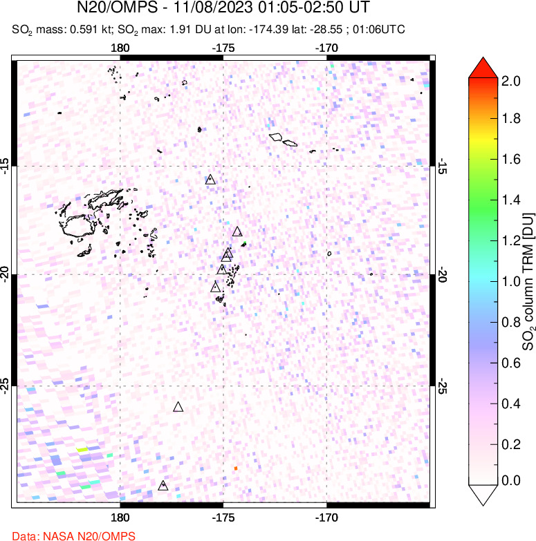 A sulfur dioxide image over Tonga, South Pacific on Nov 08, 2023.