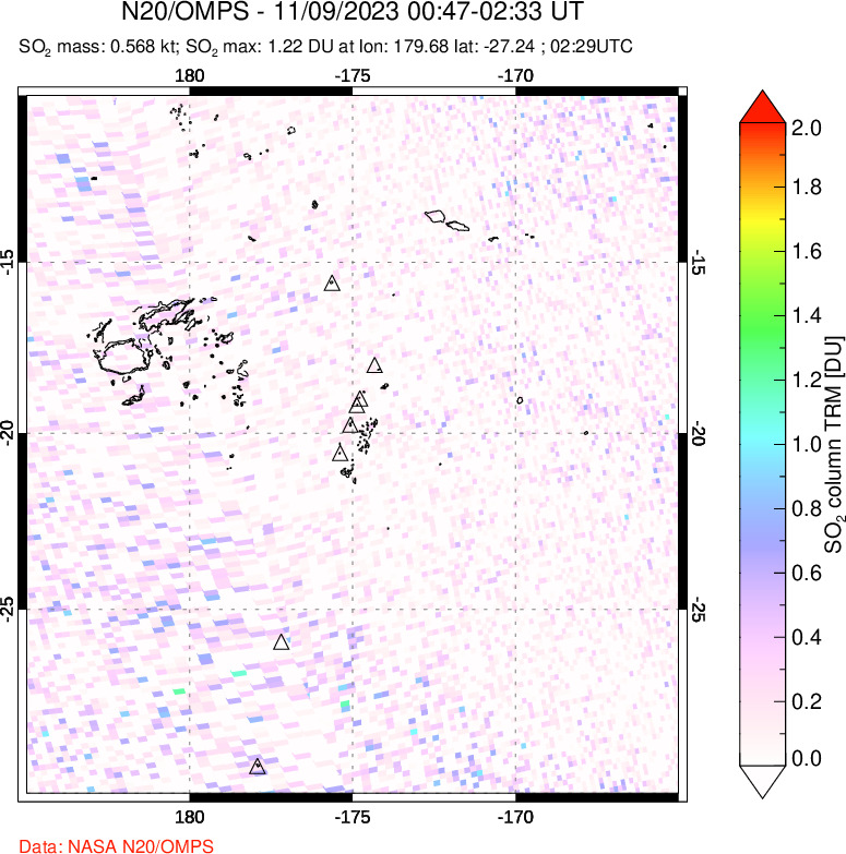 A sulfur dioxide image over Tonga, South Pacific on Nov 09, 2023.