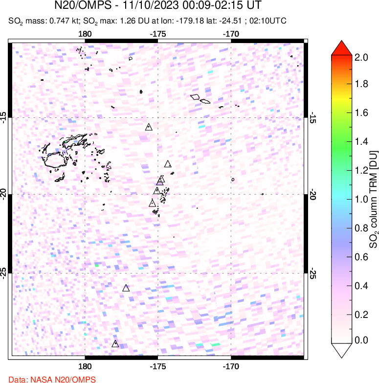 A sulfur dioxide image over Tonga, South Pacific on Nov 10, 2023.