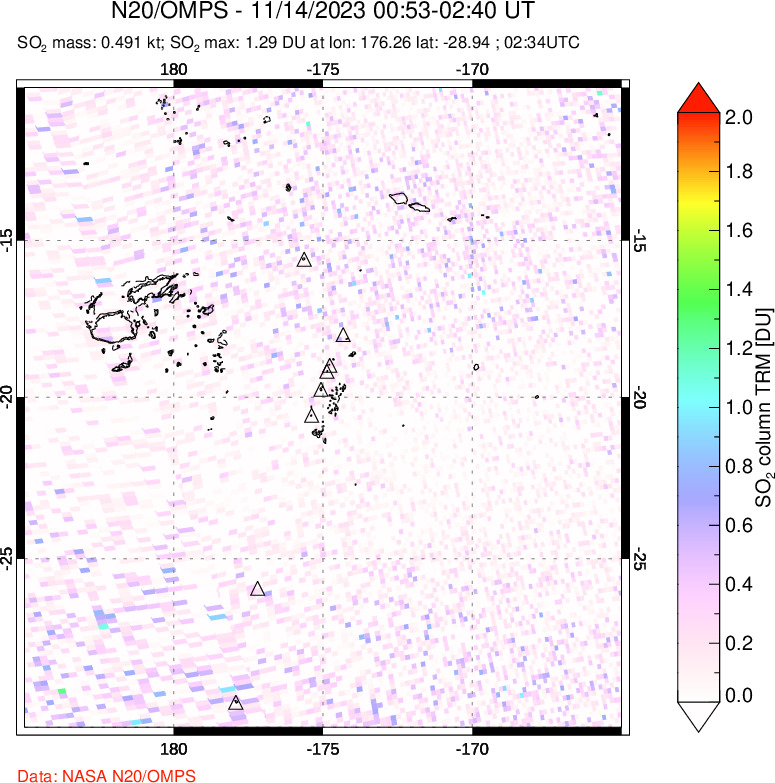 A sulfur dioxide image over Tonga, South Pacific on Nov 14, 2023.