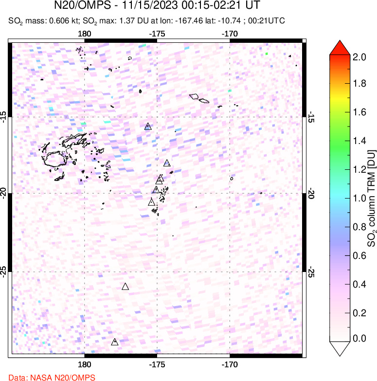 A sulfur dioxide image over Tonga, South Pacific on Nov 15, 2023.