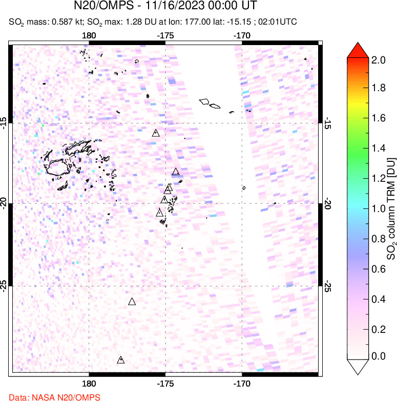 A sulfur dioxide image over Tonga, South Pacific on Nov 16, 2023.