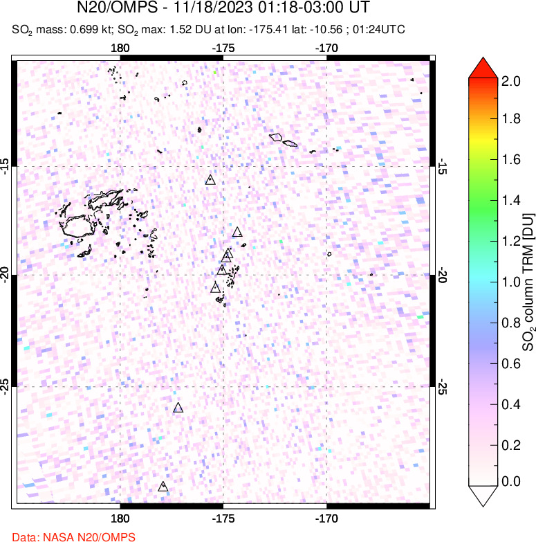 A sulfur dioxide image over Tonga, South Pacific on Nov 18, 2023.