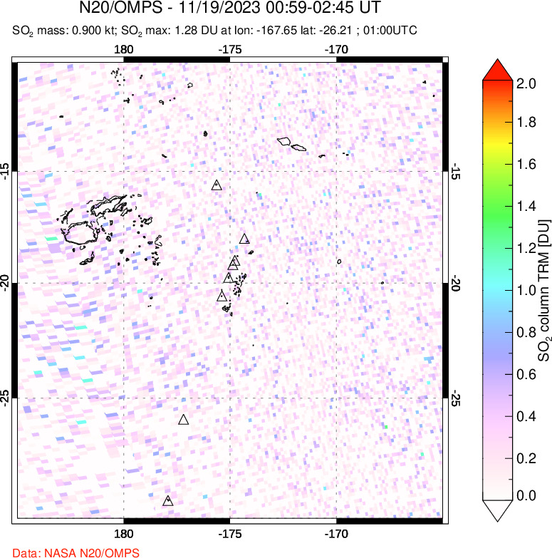 A sulfur dioxide image over Tonga, South Pacific on Nov 19, 2023.