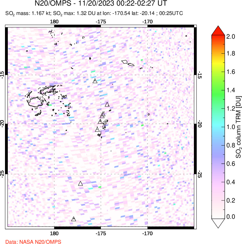 A sulfur dioxide image over Tonga, South Pacific on Nov 20, 2023.