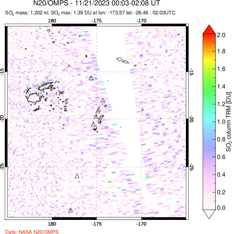 A sulfur dioxide image over Tonga, South Pacific on Nov 21, 2023.