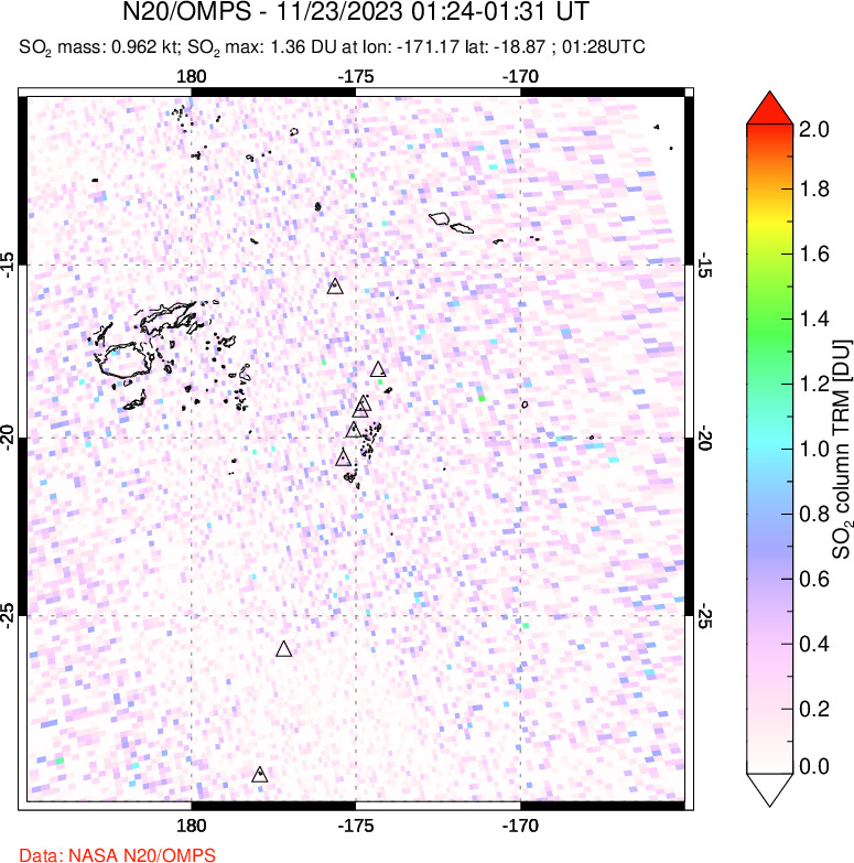 A sulfur dioxide image over Tonga, South Pacific on Nov 23, 2023.