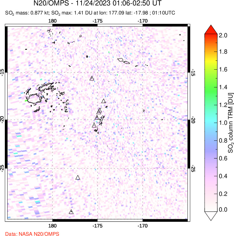 A sulfur dioxide image over Tonga, South Pacific on Nov 24, 2023.