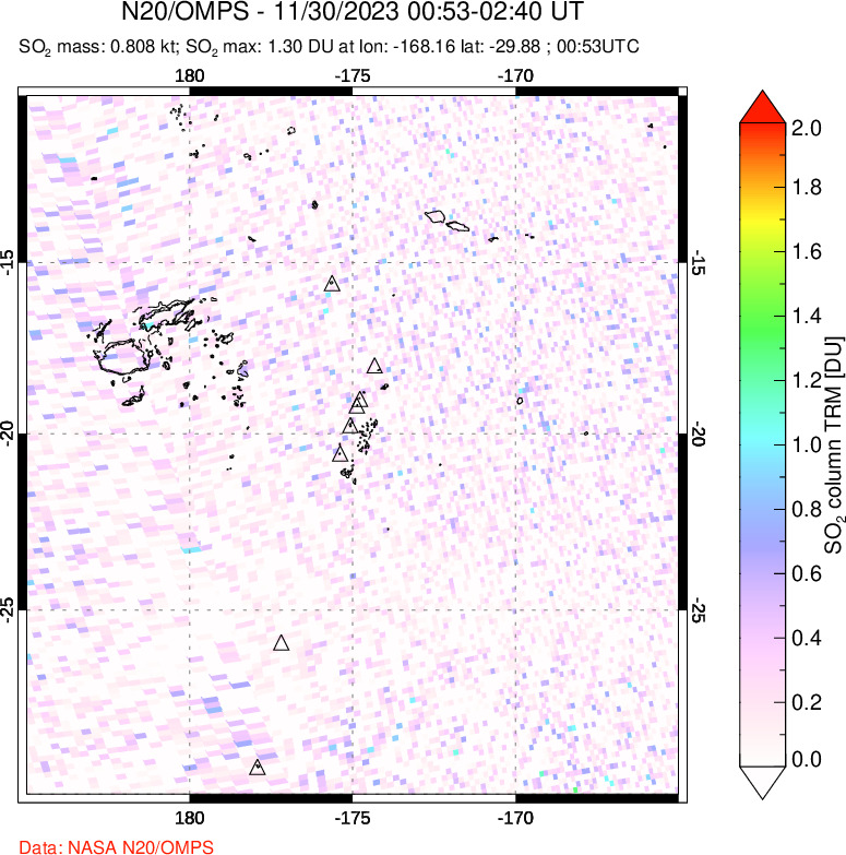 A sulfur dioxide image over Tonga, South Pacific on Nov 30, 2023.