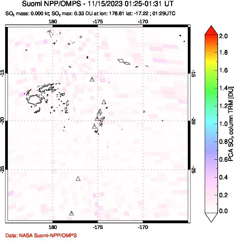 A sulfur dioxide image over Tonga, South Pacific on Nov 15, 2023.