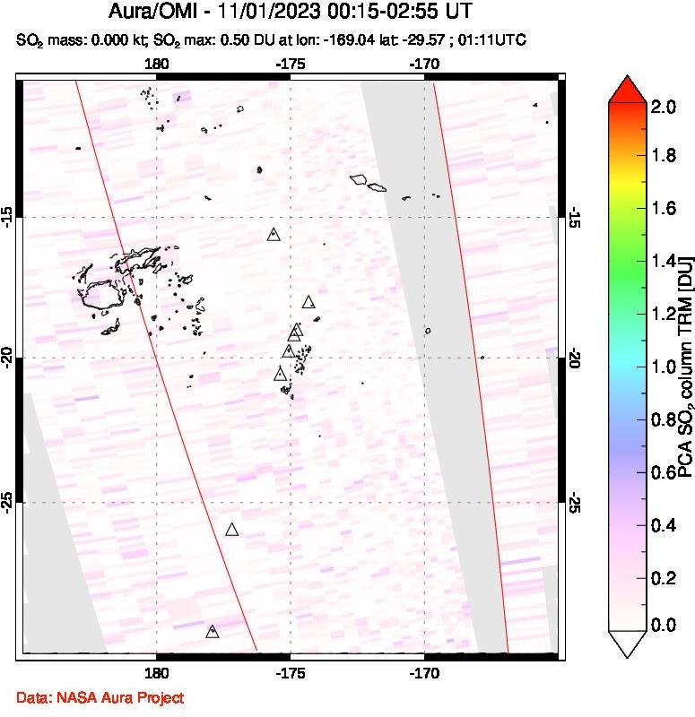 A sulfur dioxide image over Tonga, South Pacific on Nov 01, 2023.