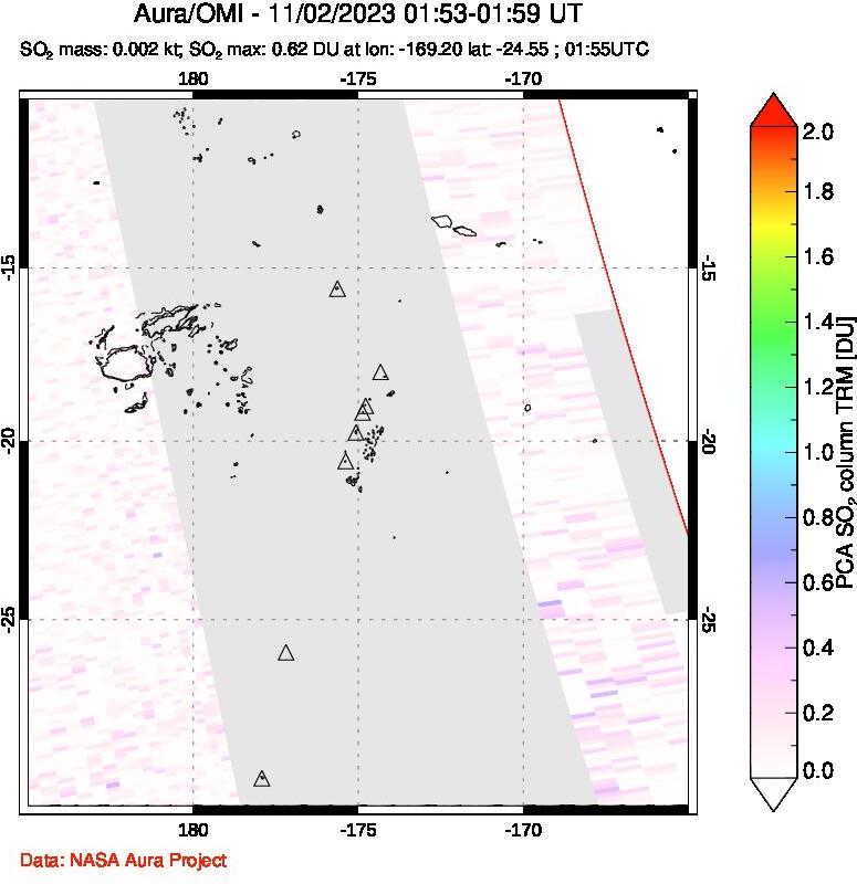 A sulfur dioxide image over Tonga, South Pacific on Nov 02, 2023.