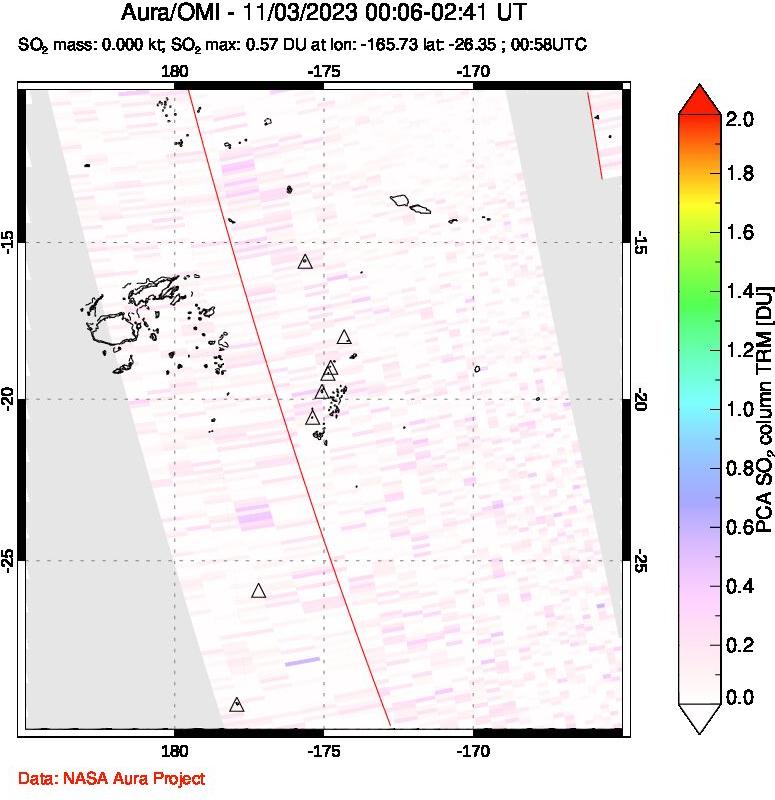 A sulfur dioxide image over Tonga, South Pacific on Nov 03, 2023.