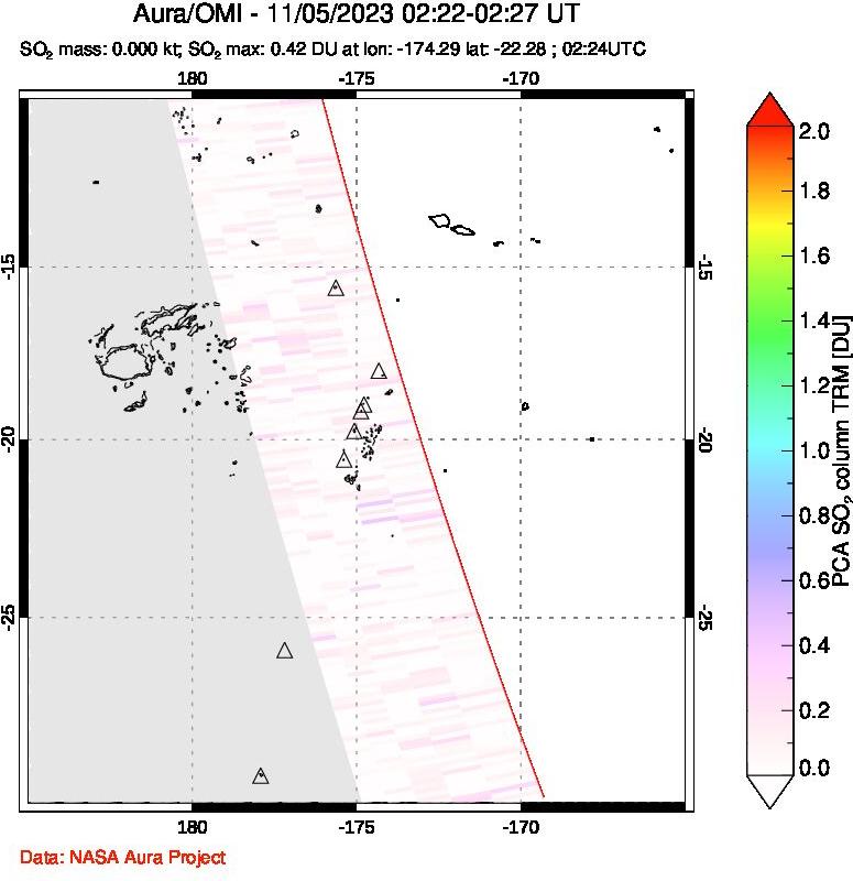 A sulfur dioxide image over Tonga, South Pacific on Nov 05, 2023.