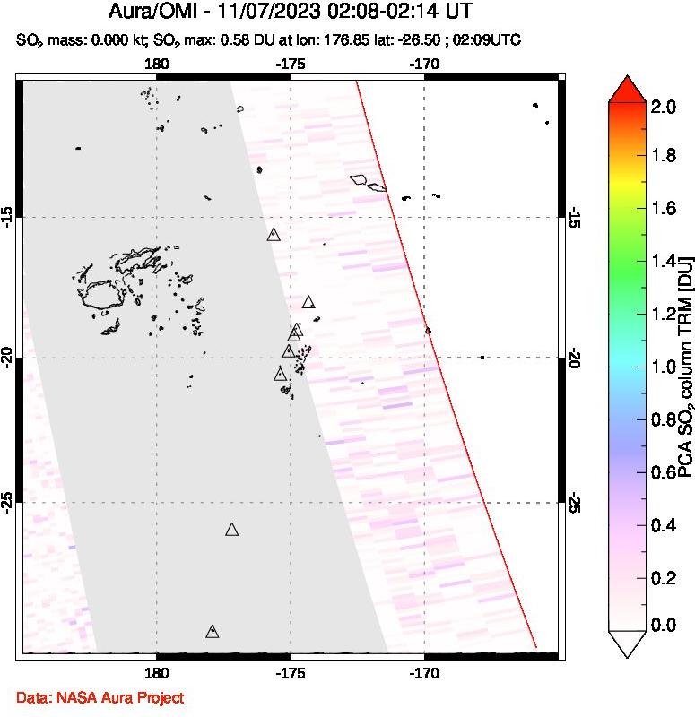 A sulfur dioxide image over Tonga, South Pacific on Nov 07, 2023.