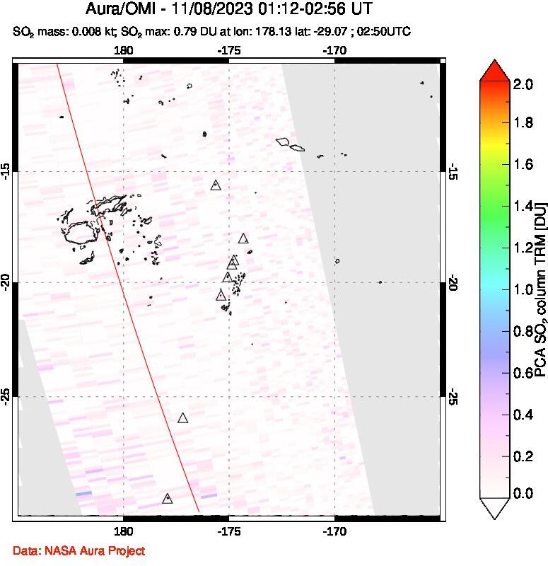 A sulfur dioxide image over Tonga, South Pacific on Nov 08, 2023.