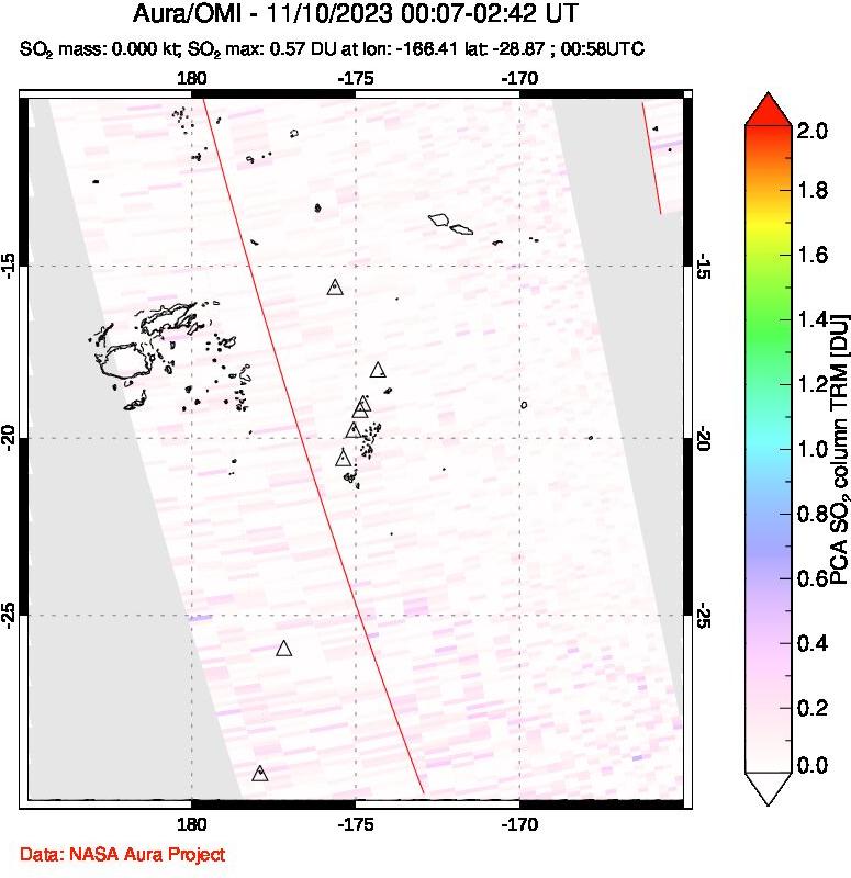 A sulfur dioxide image over Tonga, South Pacific on Nov 10, 2023.