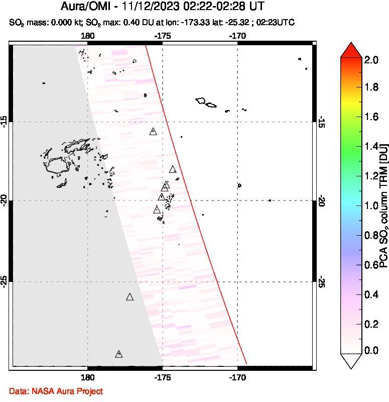 A sulfur dioxide image over Tonga, South Pacific on Nov 12, 2023.