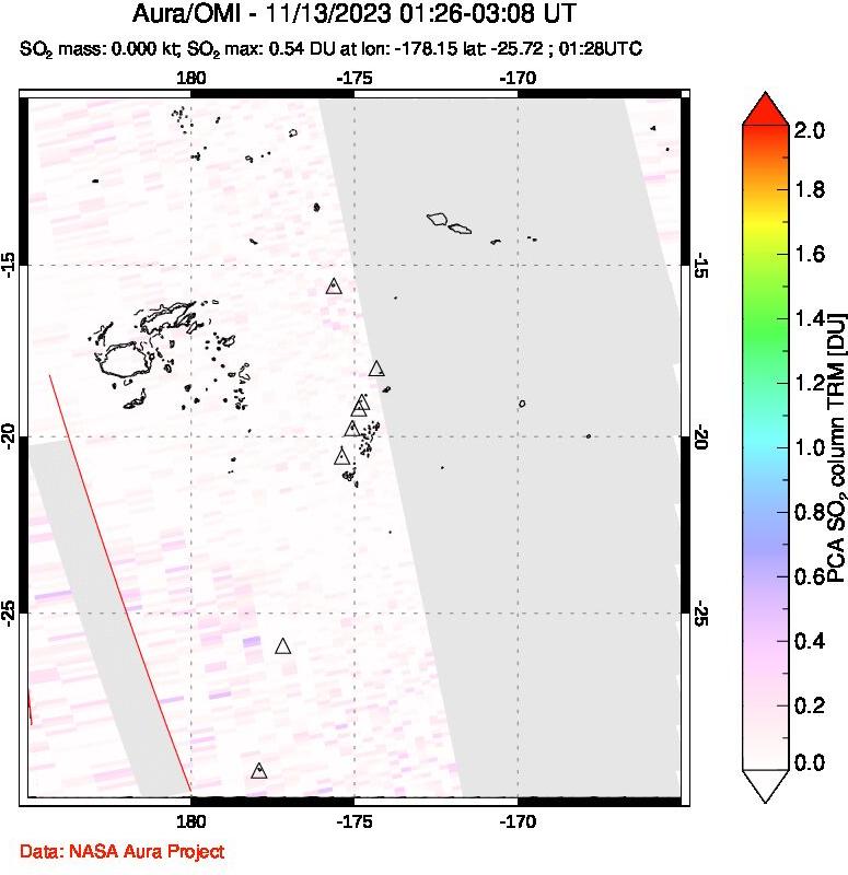 A sulfur dioxide image over Tonga, South Pacific on Nov 13, 2023.