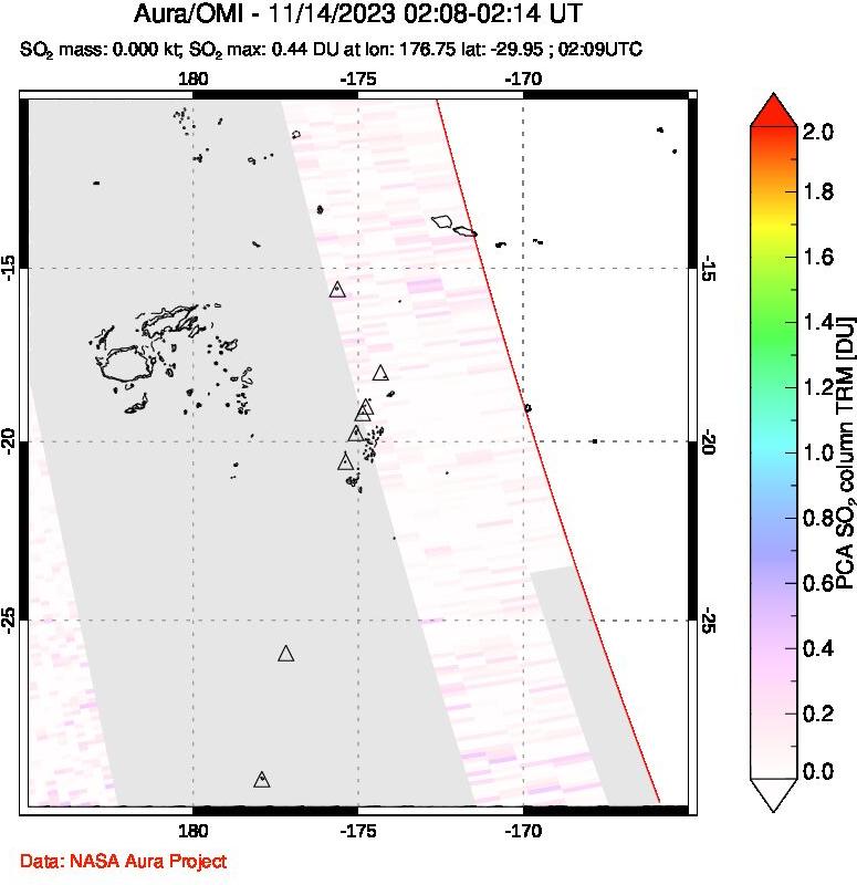 A sulfur dioxide image over Tonga, South Pacific on Nov 14, 2023.