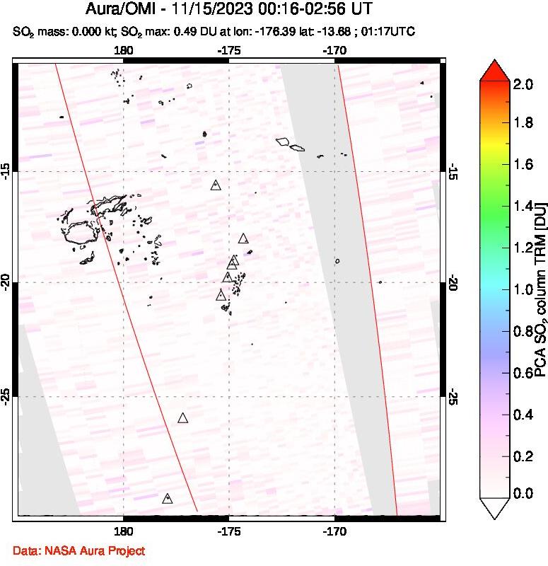 A sulfur dioxide image over Tonga, South Pacific on Nov 15, 2023.