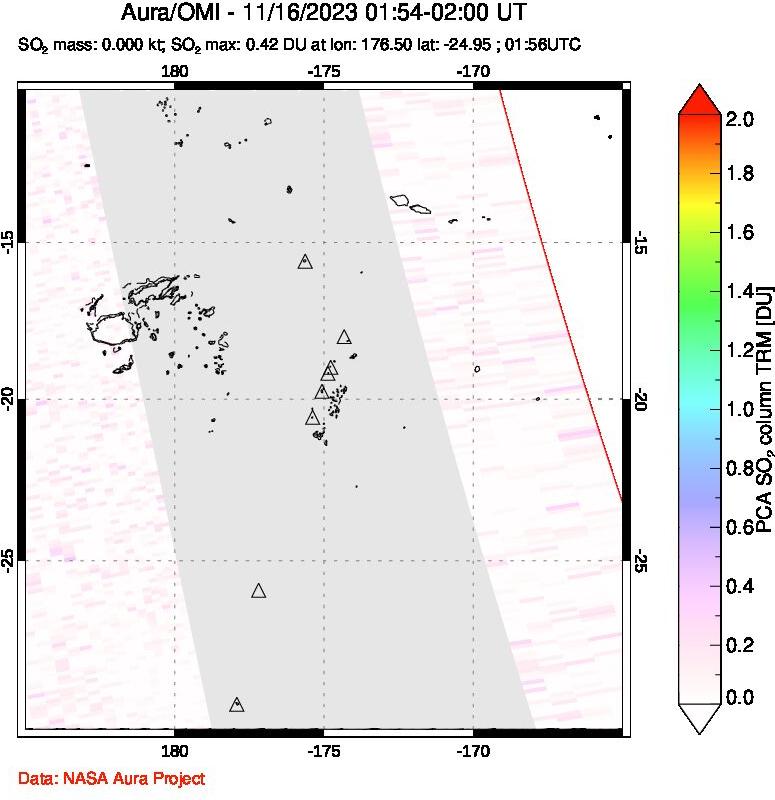 A sulfur dioxide image over Tonga, South Pacific on Nov 16, 2023.