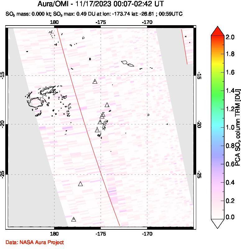 A sulfur dioxide image over Tonga, South Pacific on Nov 17, 2023.