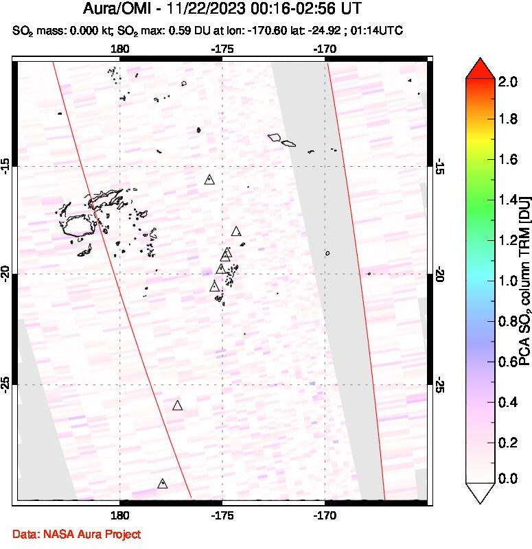 A sulfur dioxide image over Tonga, South Pacific on Nov 22, 2023.