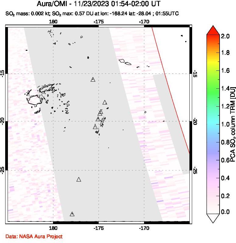 A sulfur dioxide image over Tonga, South Pacific on Nov 23, 2023.