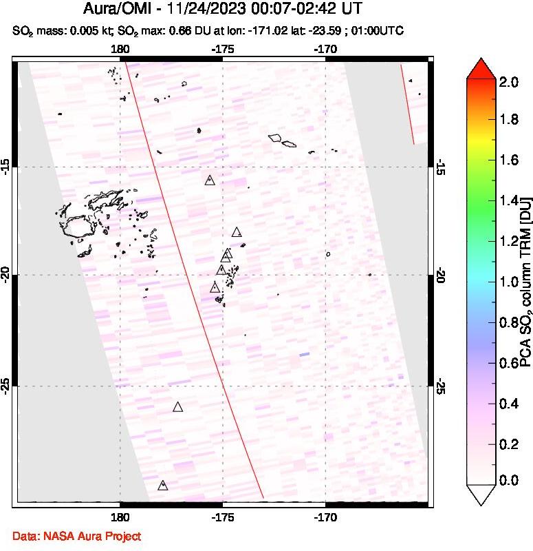 A sulfur dioxide image over Tonga, South Pacific on Nov 24, 2023.