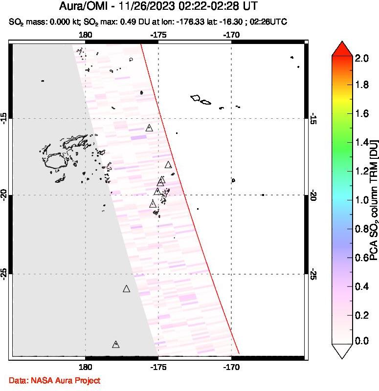 A sulfur dioxide image over Tonga, South Pacific on Nov 26, 2023.