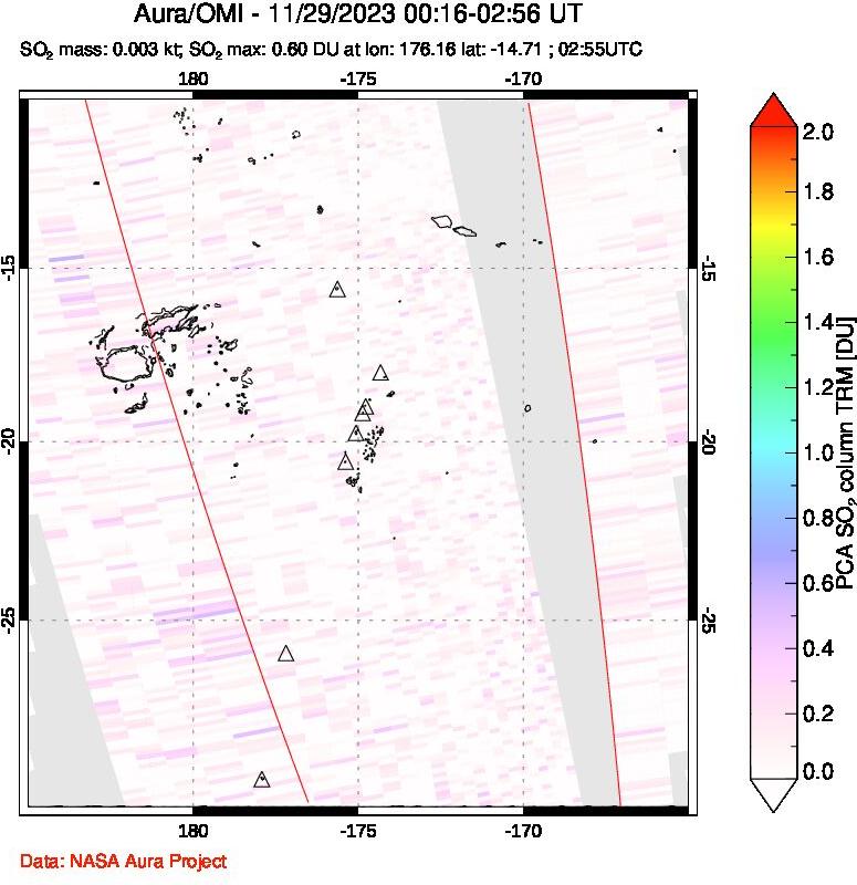 A sulfur dioxide image over Tonga, South Pacific on Nov 29, 2023.