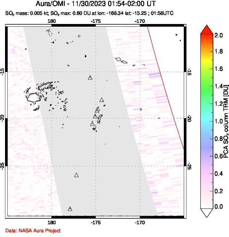 A sulfur dioxide image over Tonga, South Pacific on Nov 30, 2023.