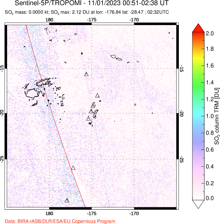 A sulfur dioxide image over Tonga, South Pacific on Nov 01, 2023.