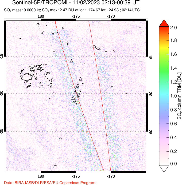 A sulfur dioxide image over Tonga, South Pacific on Nov 02, 2023.