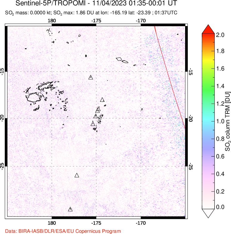 A sulfur dioxide image over Tonga, South Pacific on Nov 04, 2023.