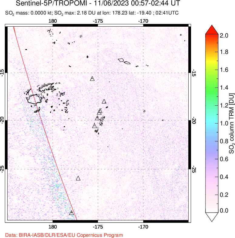 A sulfur dioxide image over Tonga, South Pacific on Nov 06, 2023.