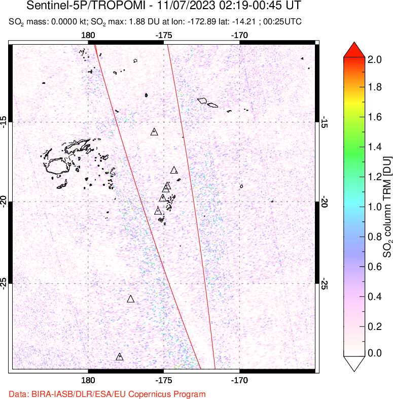 A sulfur dioxide image over Tonga, South Pacific on Nov 07, 2023.