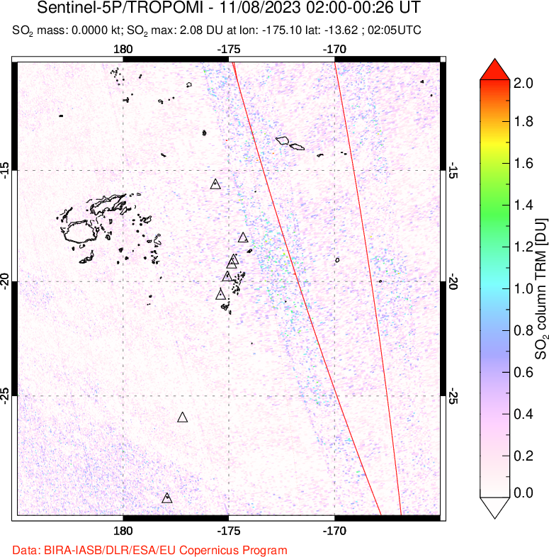 A sulfur dioxide image over Tonga, South Pacific on Nov 08, 2023.