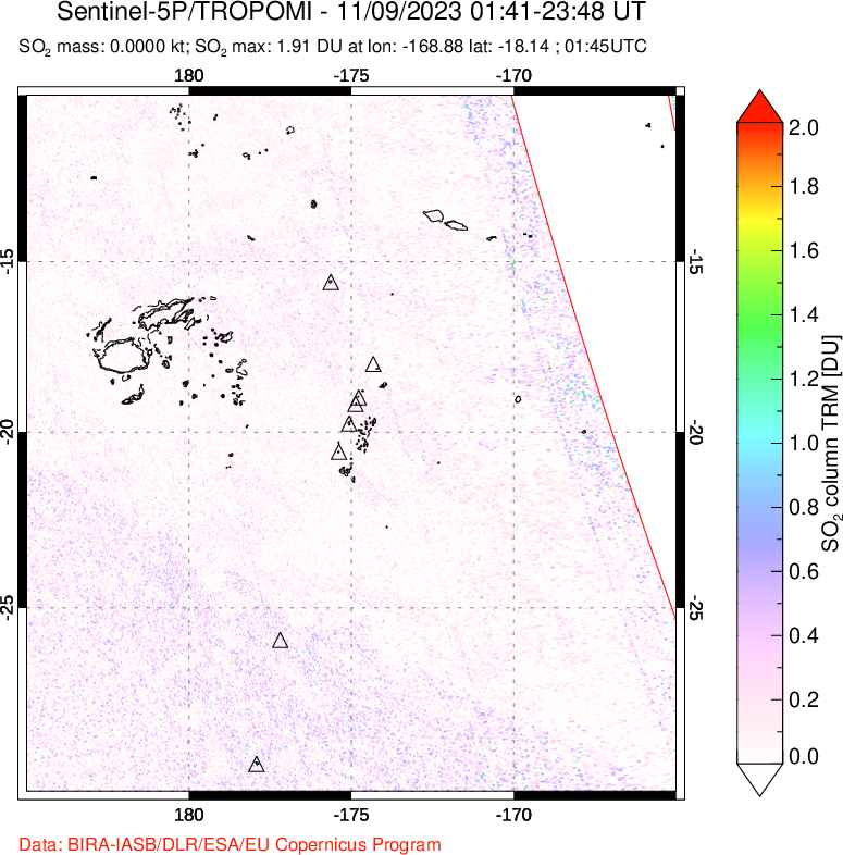 A sulfur dioxide image over Tonga, South Pacific on Nov 09, 2023.